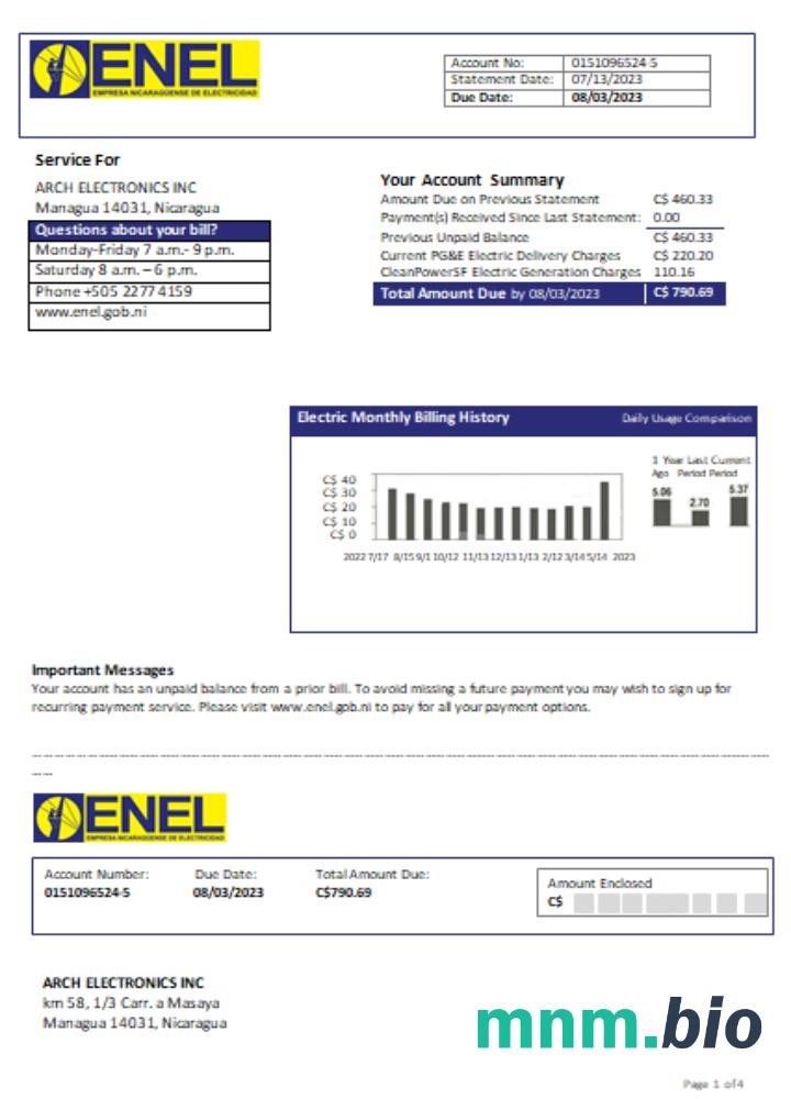 Nicaraguan Electricity Company (ENEL) electricity rachunek za usługi komunalne